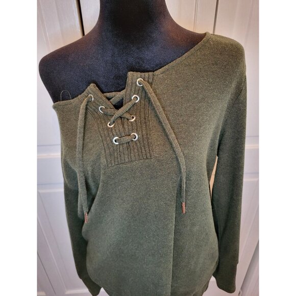Rafaella Olive Green Lace Up Sweater L Boho Western Neutral Grunge - Picture 4 of 8